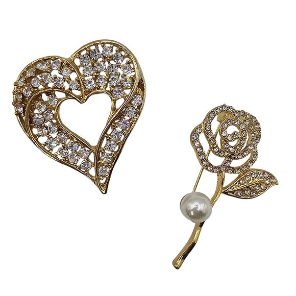 VTG Brooch Set 2PC Gold Tone Clear Rhinestone Rose Faux Pearl Heart Jewelry Pins - Picture 1 of 10